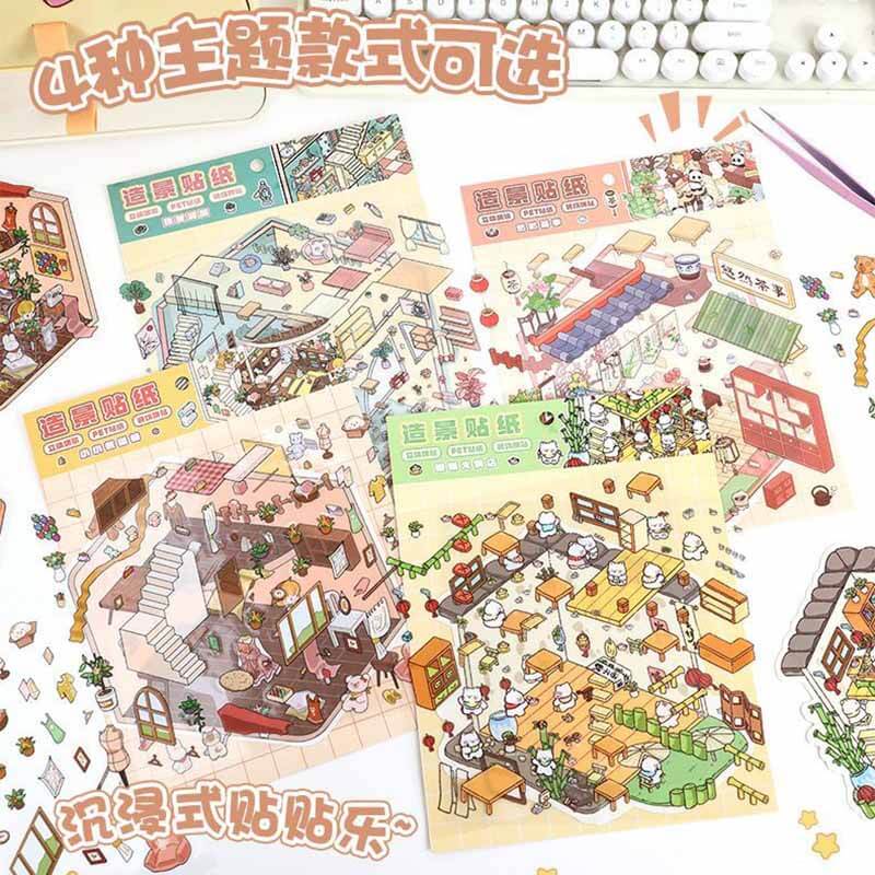 Cozy Lifestyle 3D Scene Stickers 4 Cute Miniature Scenes