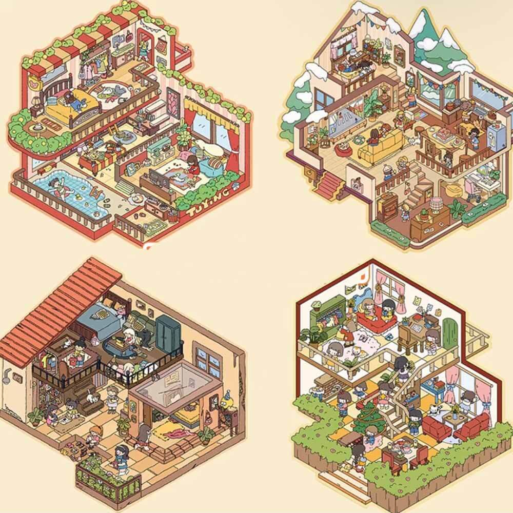 House Party DIY 3D Scene Stickers 4 Cute Miniature Scenes(L)