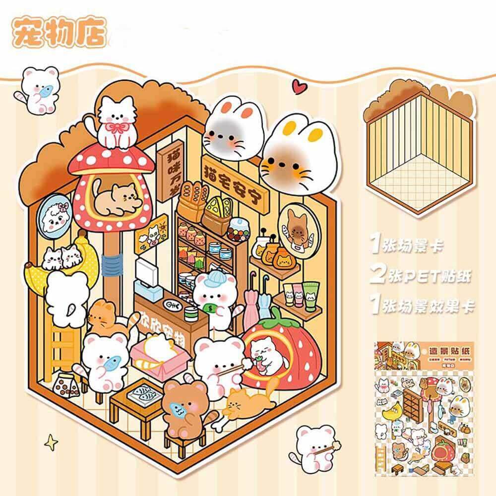 Autocollants 3D DIY Furry Friends Tycoon : 4 scènes miniatures mignonnes
