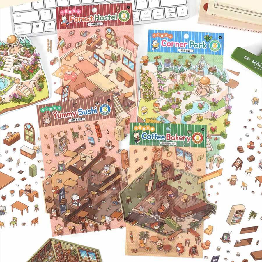 Street Corner Park DIY 3D Scene Stickers 4 Cute Miniature Scenes(S)