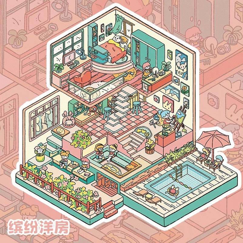 Party House DIY 3D Scene Stickers 4 Cute Miniature Scenes(S)