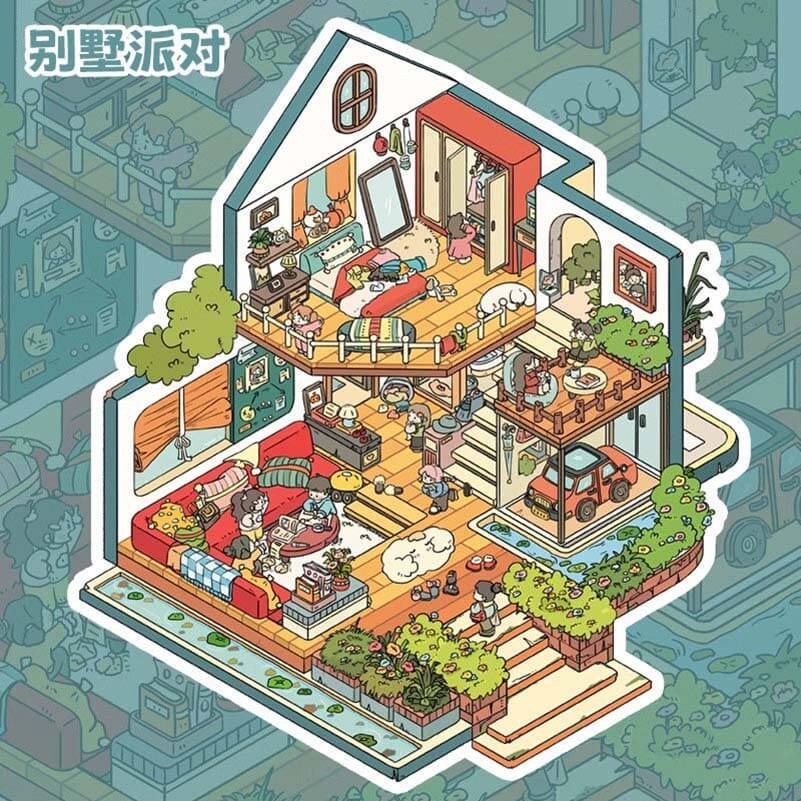 Party House DIY 3D Scene Stickers 4 Cute Miniature Scenes(S)