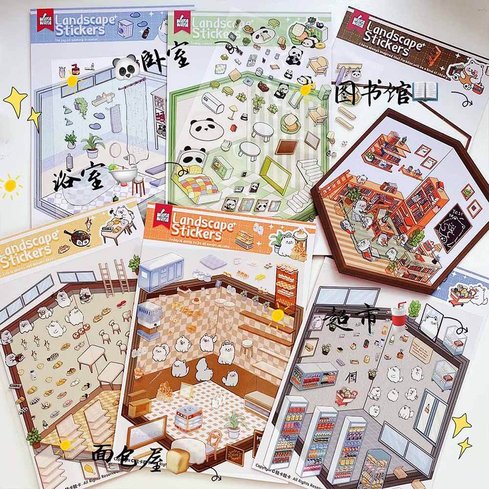 Cute Animal Home DIY 3D Scene Stickers 6 Cute Miniature Scenes(S)