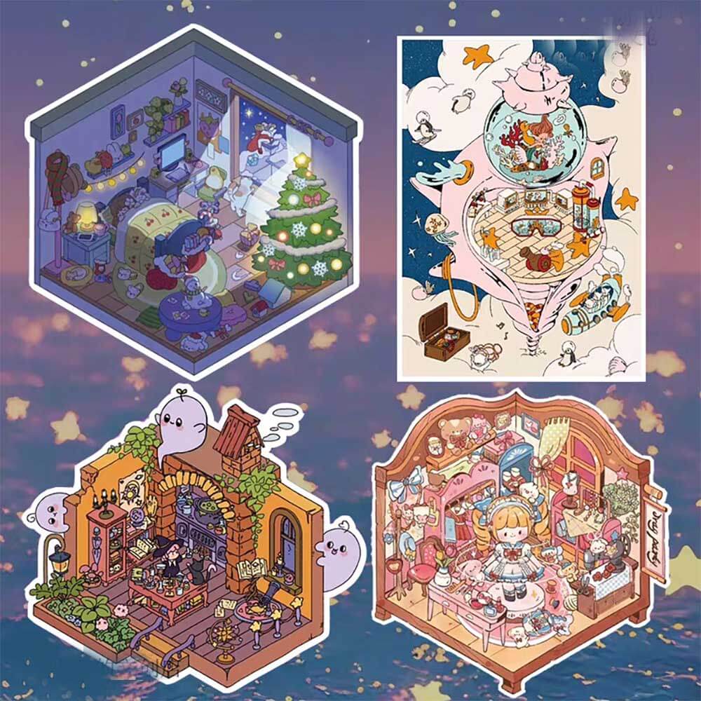 Starry Night Whisper DIY 3D Scene Stickers 4 Cute Miniature Scenes(S)