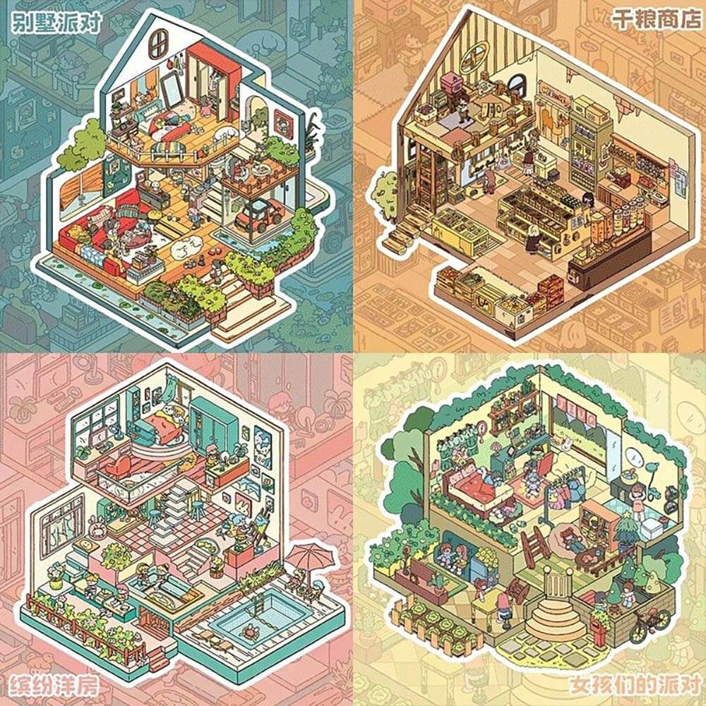 Party House DIY 3D Scene Stickers 4 Cute Miniature Scenes(S)