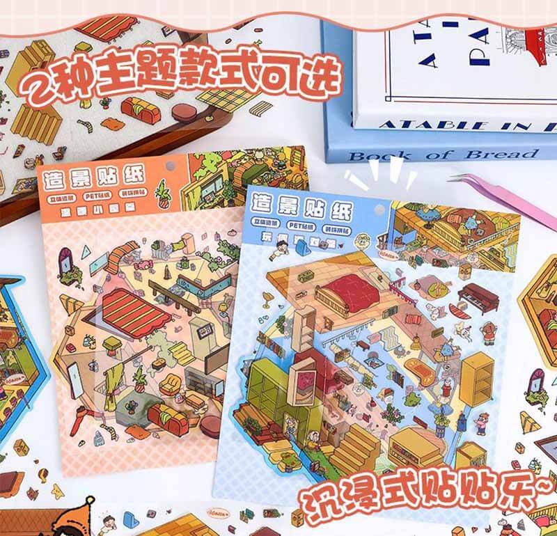 Doll Party DIY 3D Scene Stickers 2 Lovely Miniature Scenes(L)