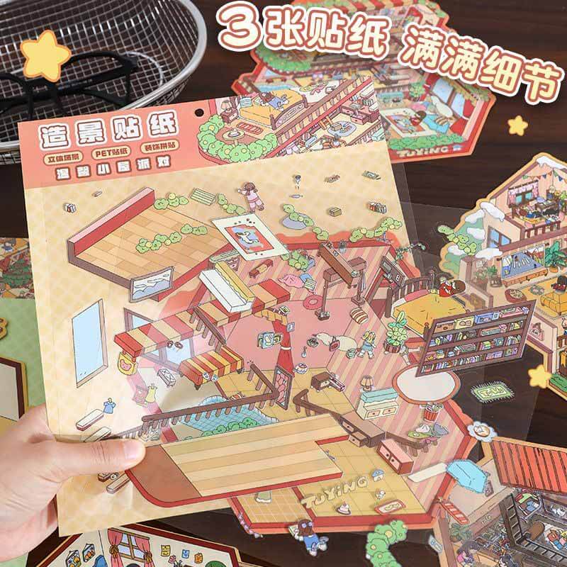 House Party DIY 3D Scene Stickers 4 Cute Miniature Scenes(L)