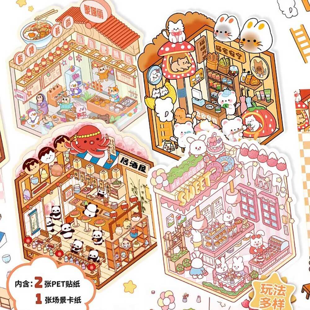 Autocollants 3D DIY Furry Friends Tycoon : 4 scènes miniatures mignonnes