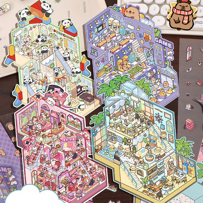 Playing Game DIY 3D Scene Stickers 4 Cute Miniature Scenes(L)