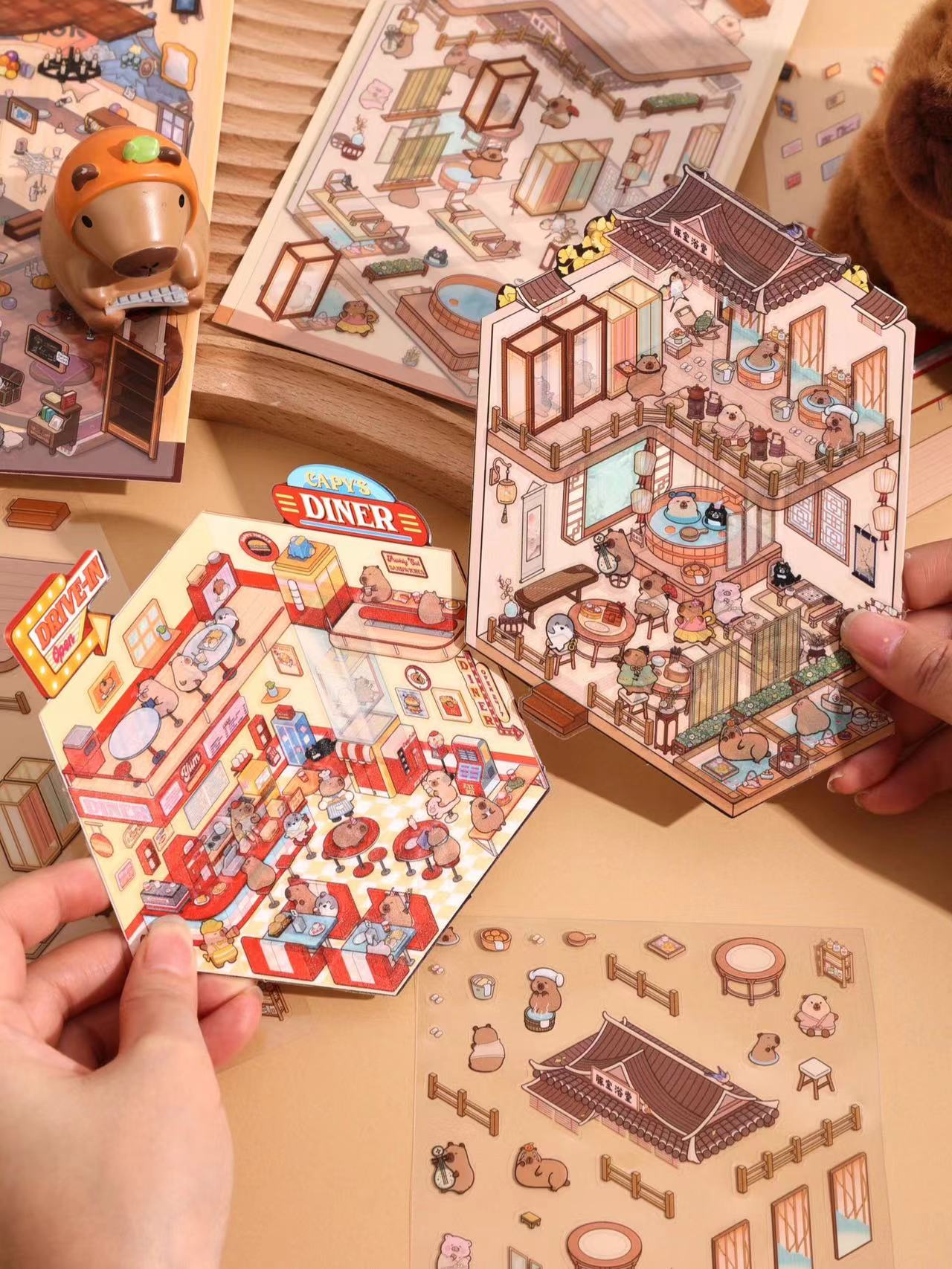 Capybara World DIY 3D Scene Stickers - 4 Cute Miniature Scenes