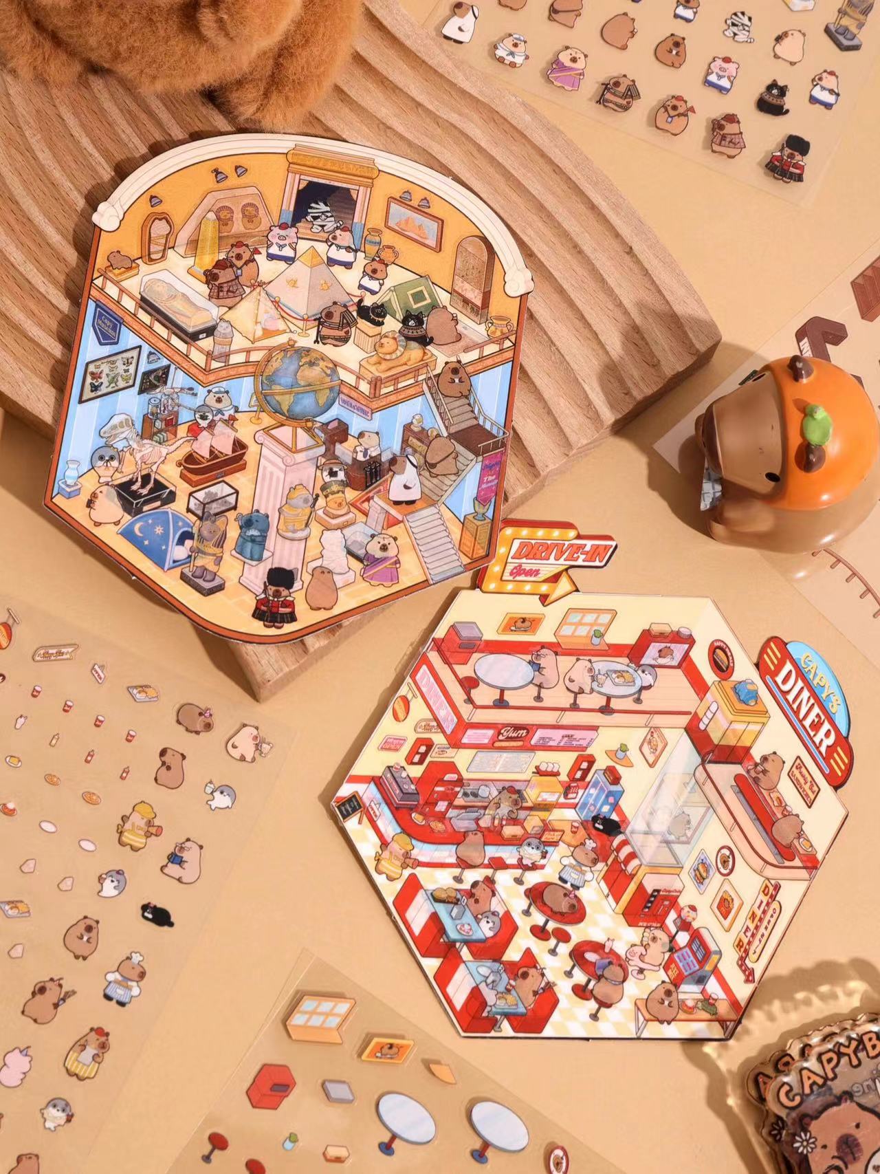 Capybara World DIY 3D Scene Stickers - 4 Cute Miniature Scenes