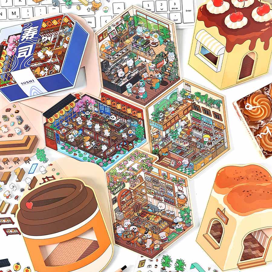 Autocollants 3D DIY pour une maison de desserts amusante - 4 scènes miniatures mignonnes