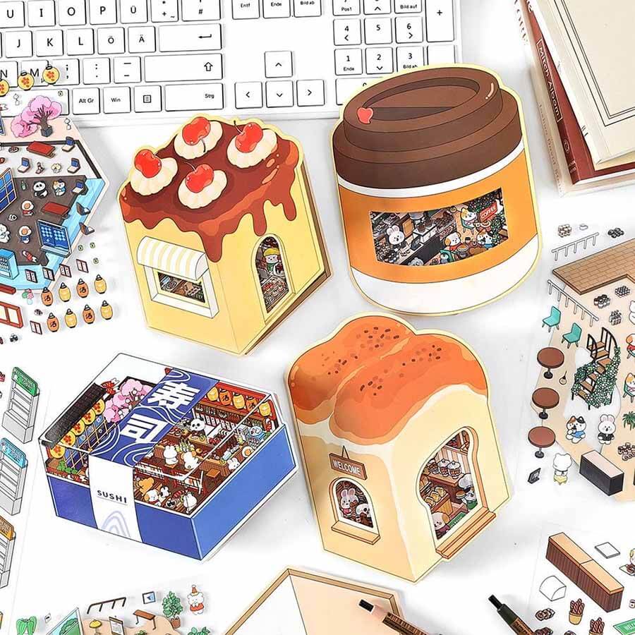 Autocollants 3D DIY pour une maison de desserts amusante - 4 scènes miniatures mignonnes