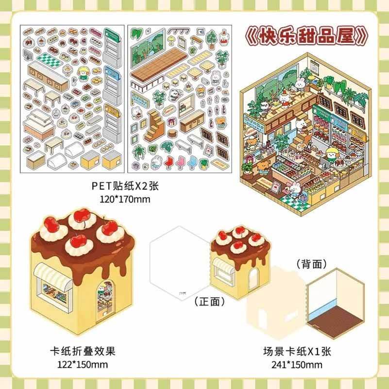 Autocollants 3D DIY pour une maison de desserts amusante - 4 scènes miniatures mignonnes