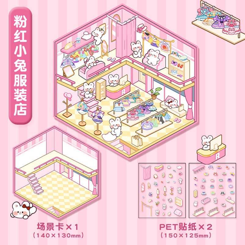 Cute Animals Shop DIY 3D Scene Stickers 4 Cute Miniature Scenes(S)