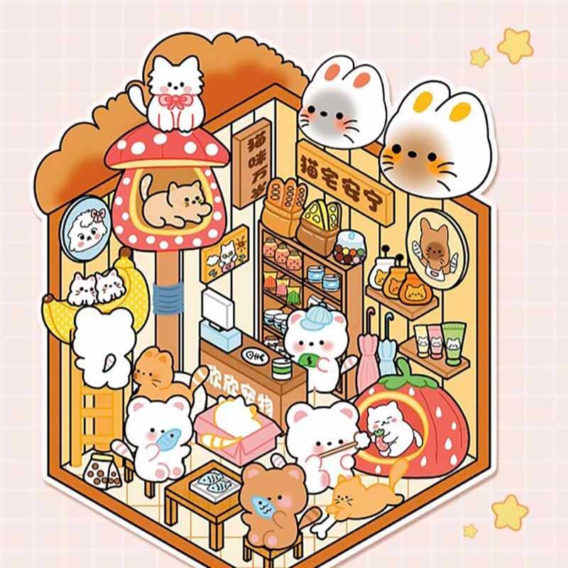 Autocollants 3D DIY Furry Friends Tycoon : 4 scènes miniatures mignonnes