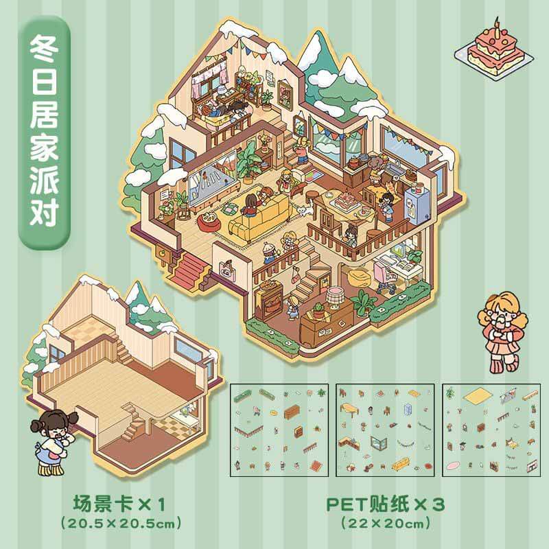 House Party DIY 3D Scene Stickers 4 Cute Miniature Scenes(L)