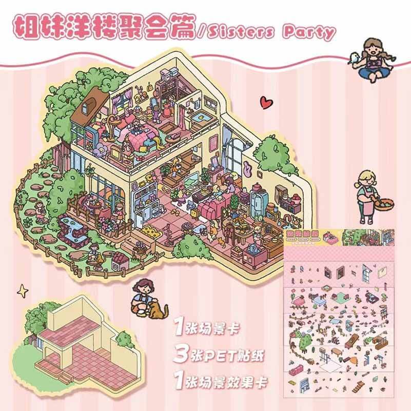 Townhouse Party Scene Stickers 4 Cute Miniature Scenes(S)