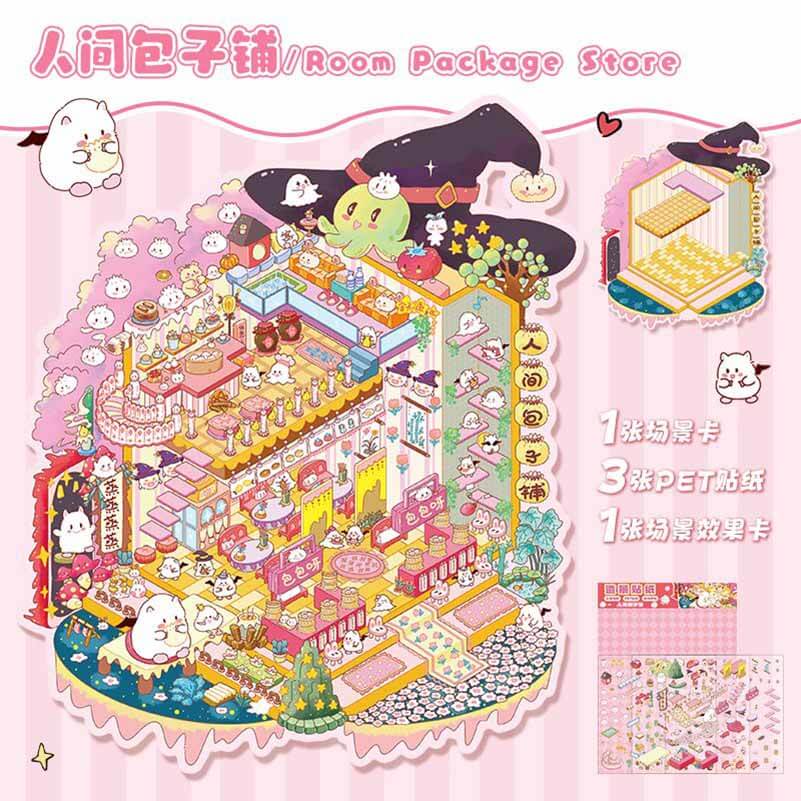Springtime Bear Cottage DIY 3D Scene Stickers 3 Lovely Miniature Scenes(L)