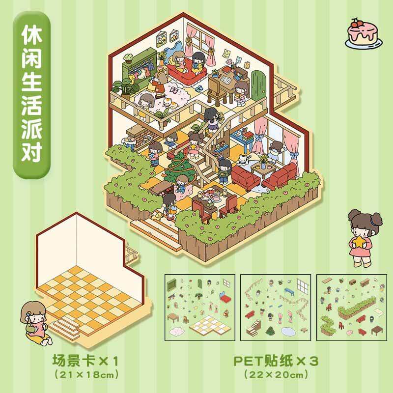 House Party DIY 3D Scene Stickers 4 Cute Miniature Scenes(L)