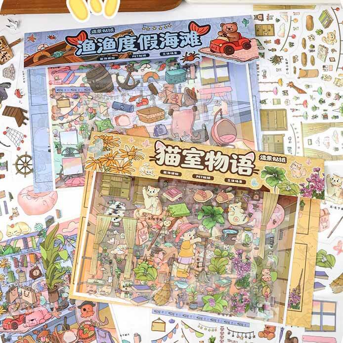 Seaside Cat Home DIY 3D Scene Stickers 2 Cute Scenes(L)