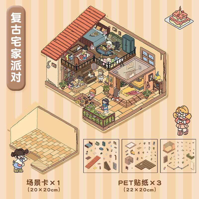 House Party DIY 3D Scene Stickers 4 Cute Miniature Scenes(L)