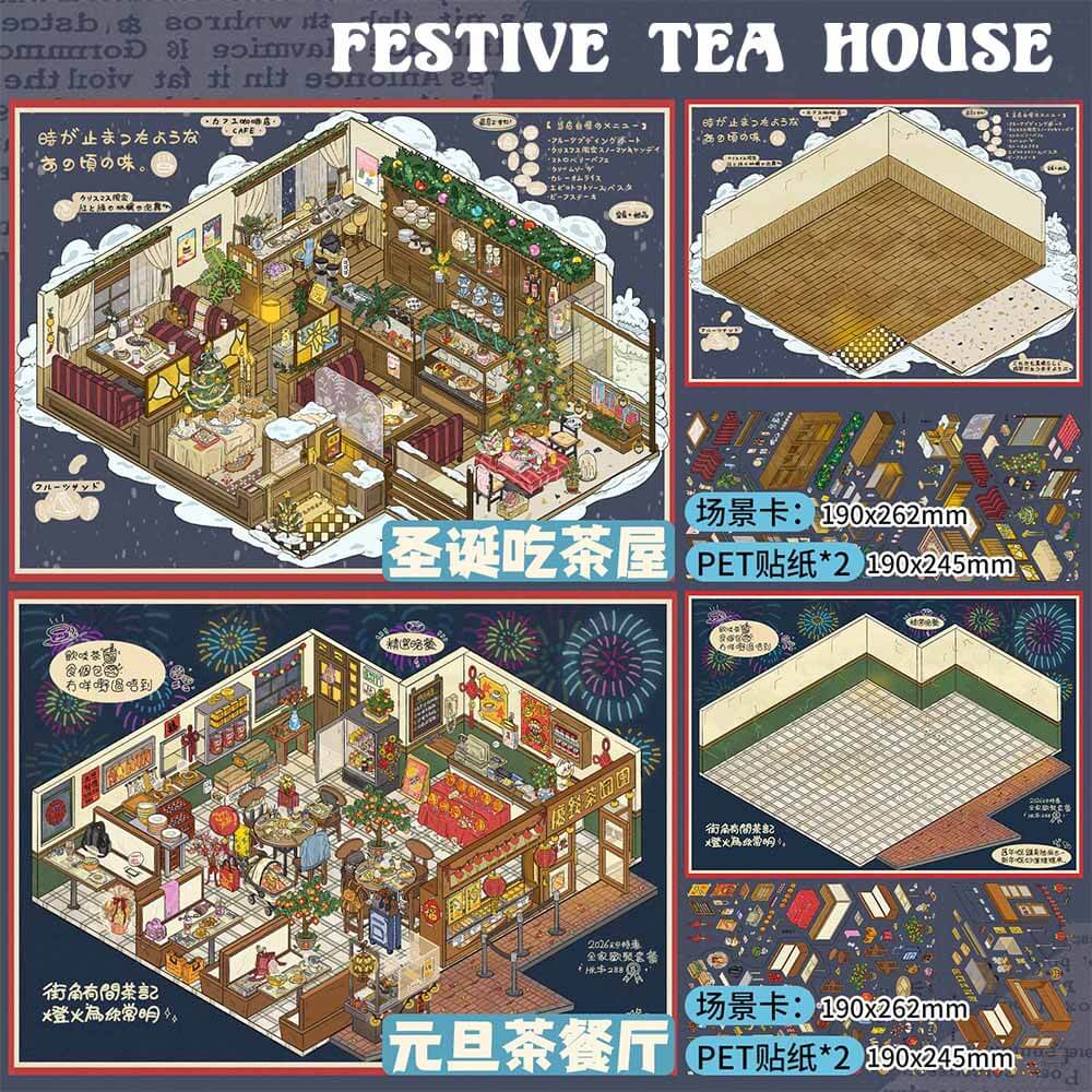 Festive Tea House DIY 3D Scene Stickers 2 Cute Scenes(L)