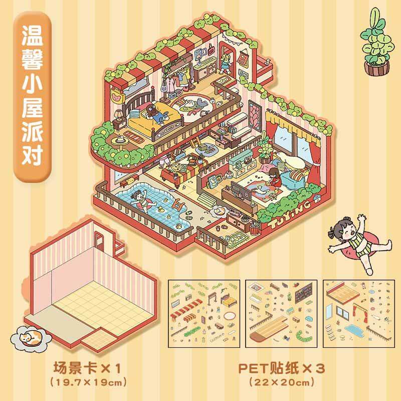 House Party DIY 3D Scene Stickers 4 Cute Miniature Scenes(L)