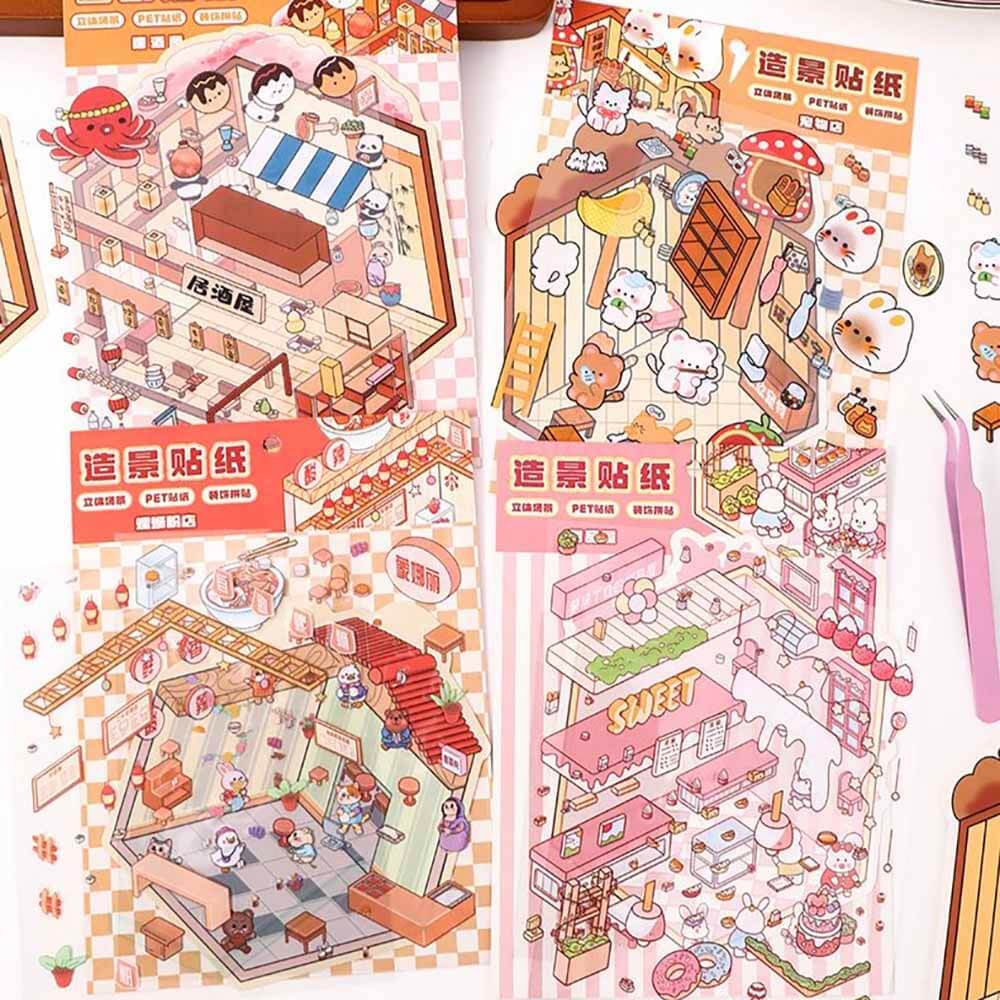 Autocollants 3D DIY Furry Friends Tycoon : 4 scènes miniatures mignonnes