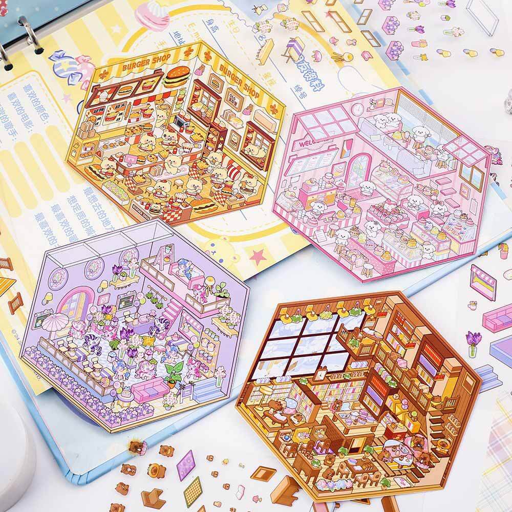 Cozy Critter Shops DIY 3D Sticker Collection 4 Cute Miniature Scenes(S)