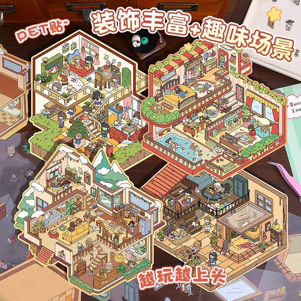 House Party DIY 3D Scene Stickers 4 Cute Miniature Scenes(L)