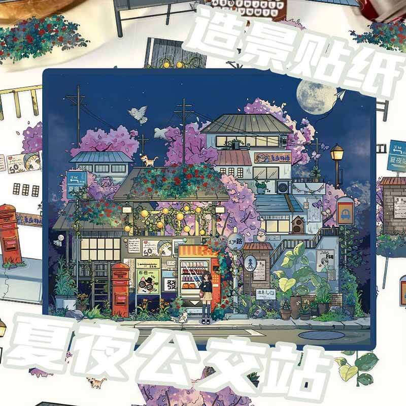 Summer Night Bus Stop DIY 3D Scene Stickers 3 Cute Scenes(L)