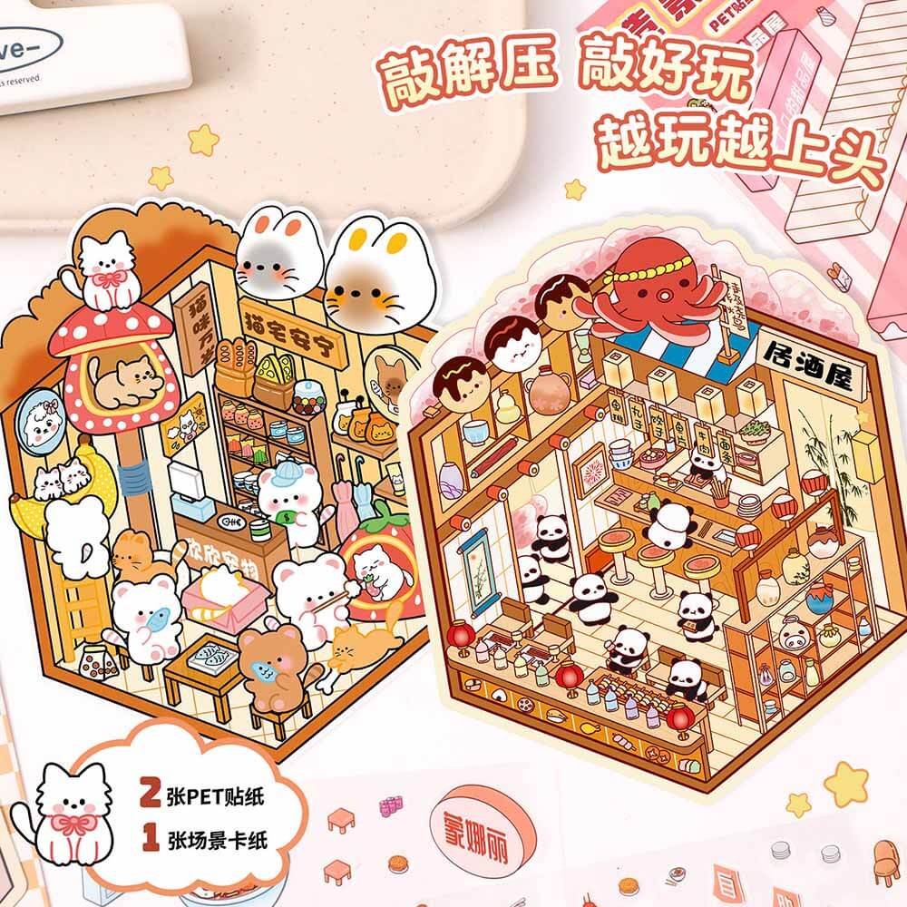 Autocollants 3D DIY Furry Friends Tycoon : 4 scènes miniatures mignonnes