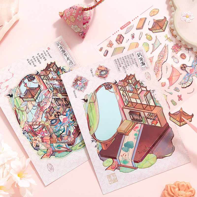 Ancient Chinese Vanity DIY 3D Scene Stickers 4 Cute Miniature Scenes(S)