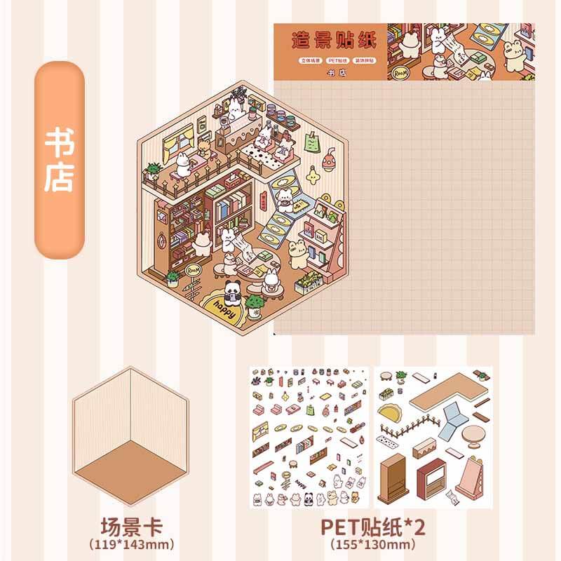 Animal Friends Town DIY 3D Scene Stickers 4 Cute Miniature Scenes(S)