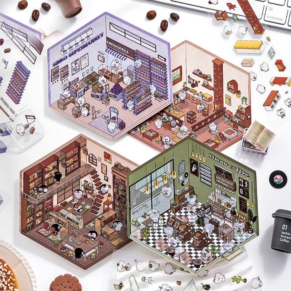 Animal Small Business DIY 3D Scene Stickers 4 Cute Miniature Scenes(S)