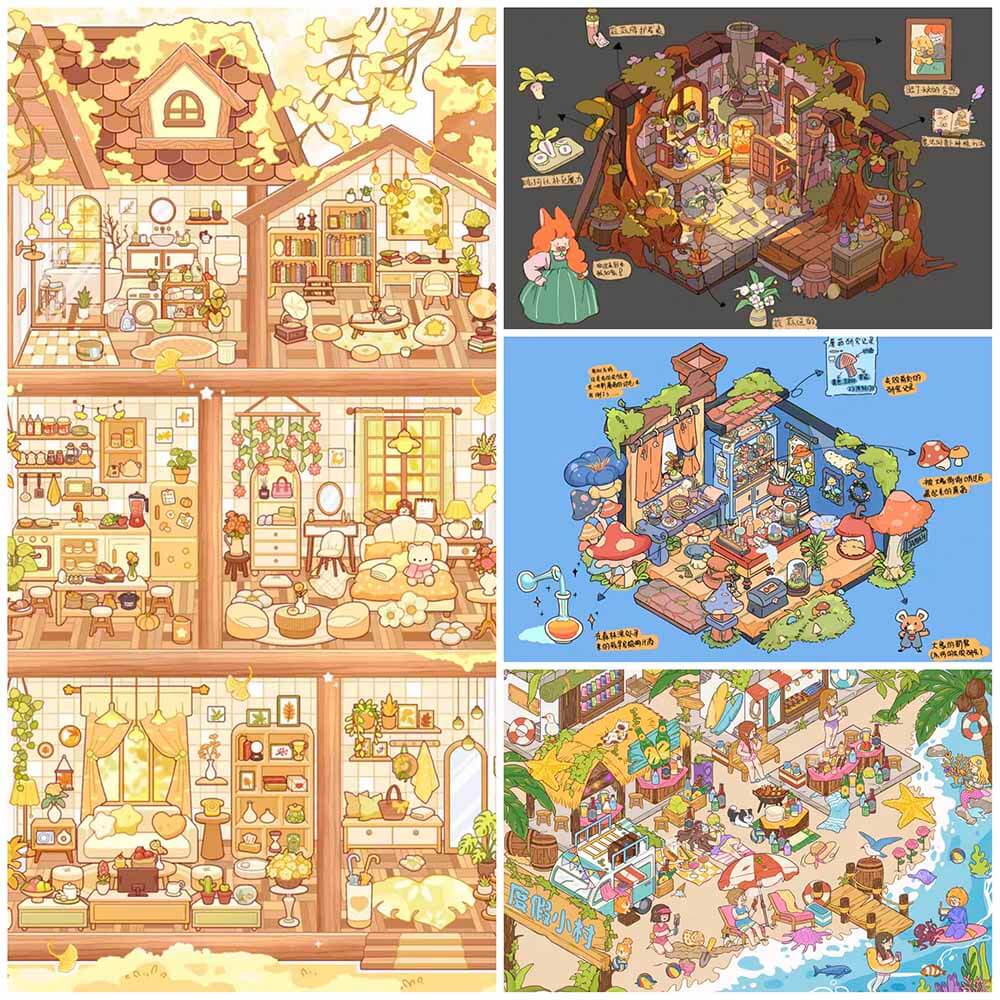 Autumn Retreat DIY 3D Scene Stickers 4 Cute Scenes(L)