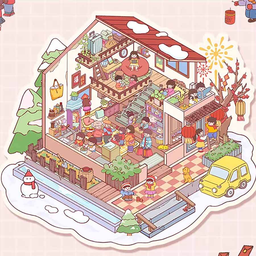 Winter New Year's Party DY 3D Scene Stickers - 2 Cute Miniature Scenes