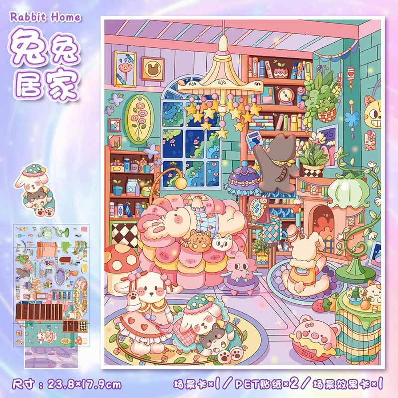 Bunny Town Chronicles DIY 3D Scene Stickers 4 Cute Miniature Scenes(S)
