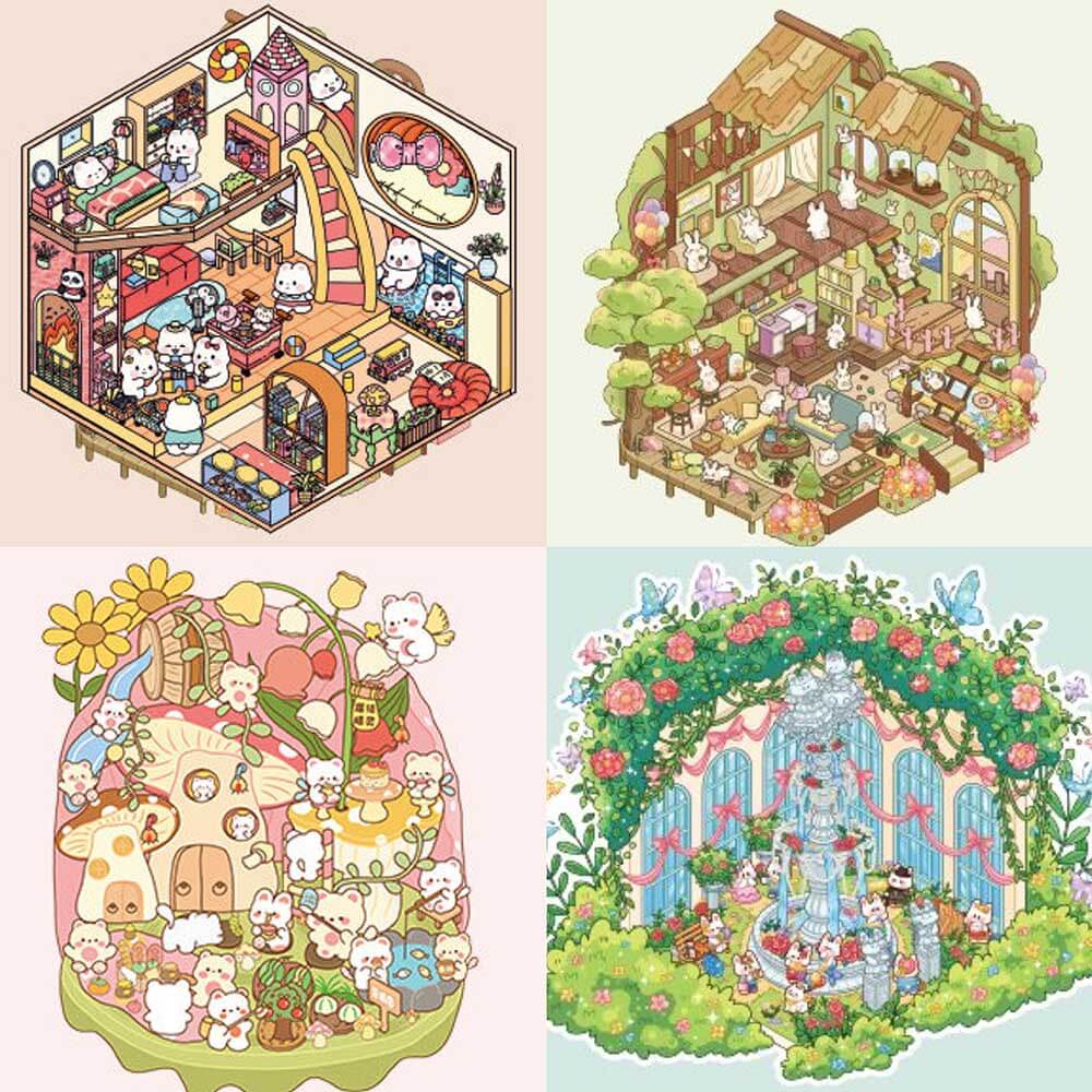 Bunny's Secret Garden DIY 3D Scene Stickers 4 Cute Miniature Scenes(S)