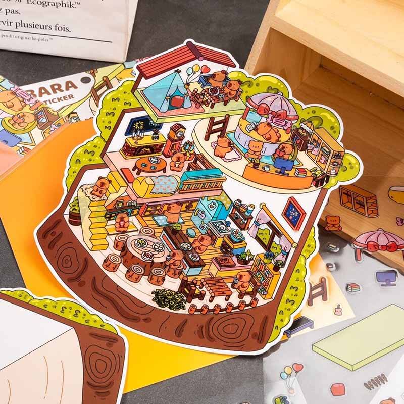 Capybara Funland DIY 3D Scene Sticker 4 Cute Miniature Scenes(L)