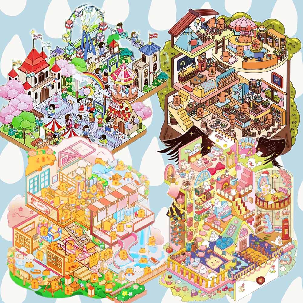 Capybara Funland DIY 3D Scene Sticker 4 Cute Miniature Scenes(L)