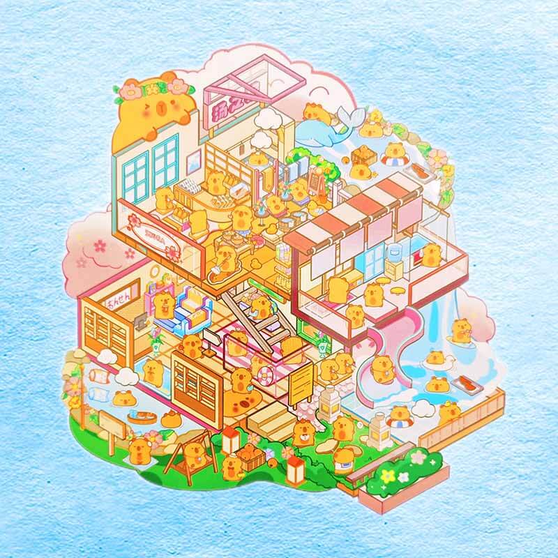 Capybara Funland DIY 3D Scene Sticker 4 Cute Miniature Scenes(L)