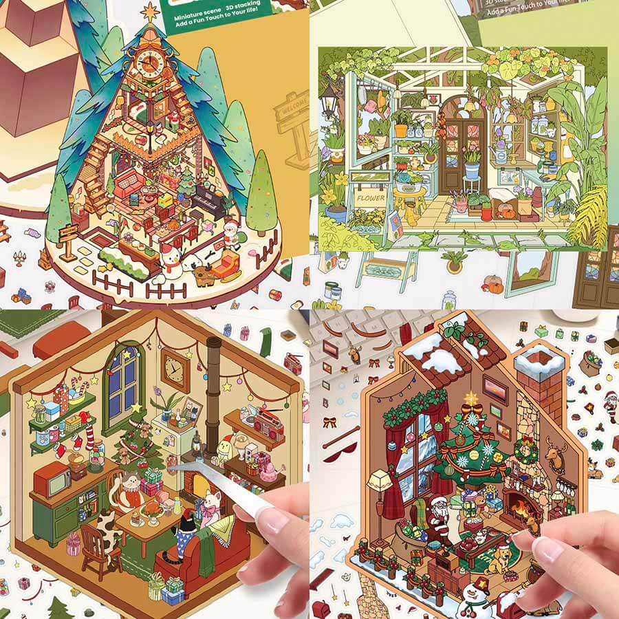 Christmas Garden House DIY 3D Scenes Sticker 4 Cute Scenes(S&L)