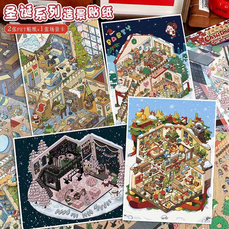 Christmas Space DIY 3D Scene Stickers 4 Cute Miniature Scenes(L)