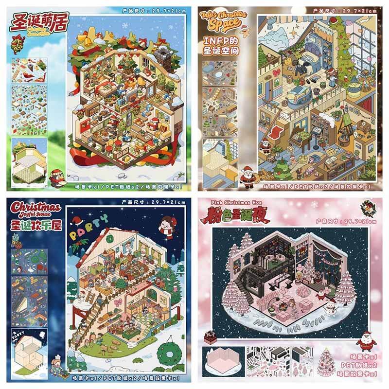 Christmas Space DIY 3D Scene Stickers 4 Cute Miniature Scenes(L)
