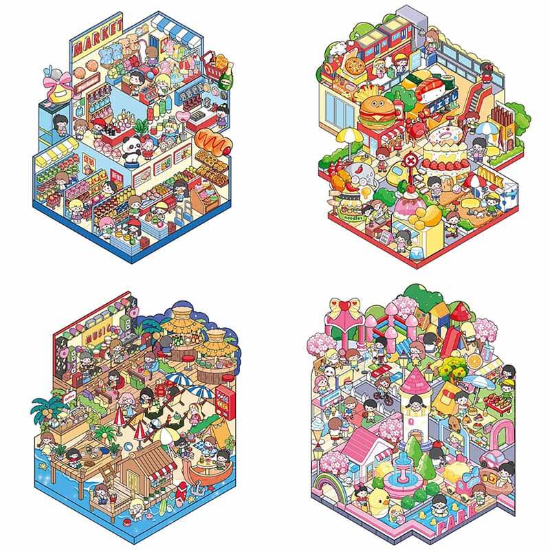 City Vibes DIY 3D Scene Stickers 4 Cute Miniature Scenes(L)