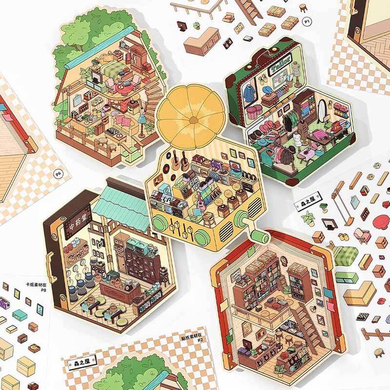 City & Life (Set of 5) DIY 3D Scene Stickers Cute Miniature Scenes Book。 (S)
