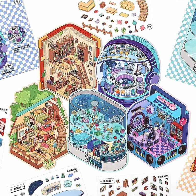 City & Life (Set of 5) DIY 3D Scene Stickers Cute Miniature Scenes Book。 (S)