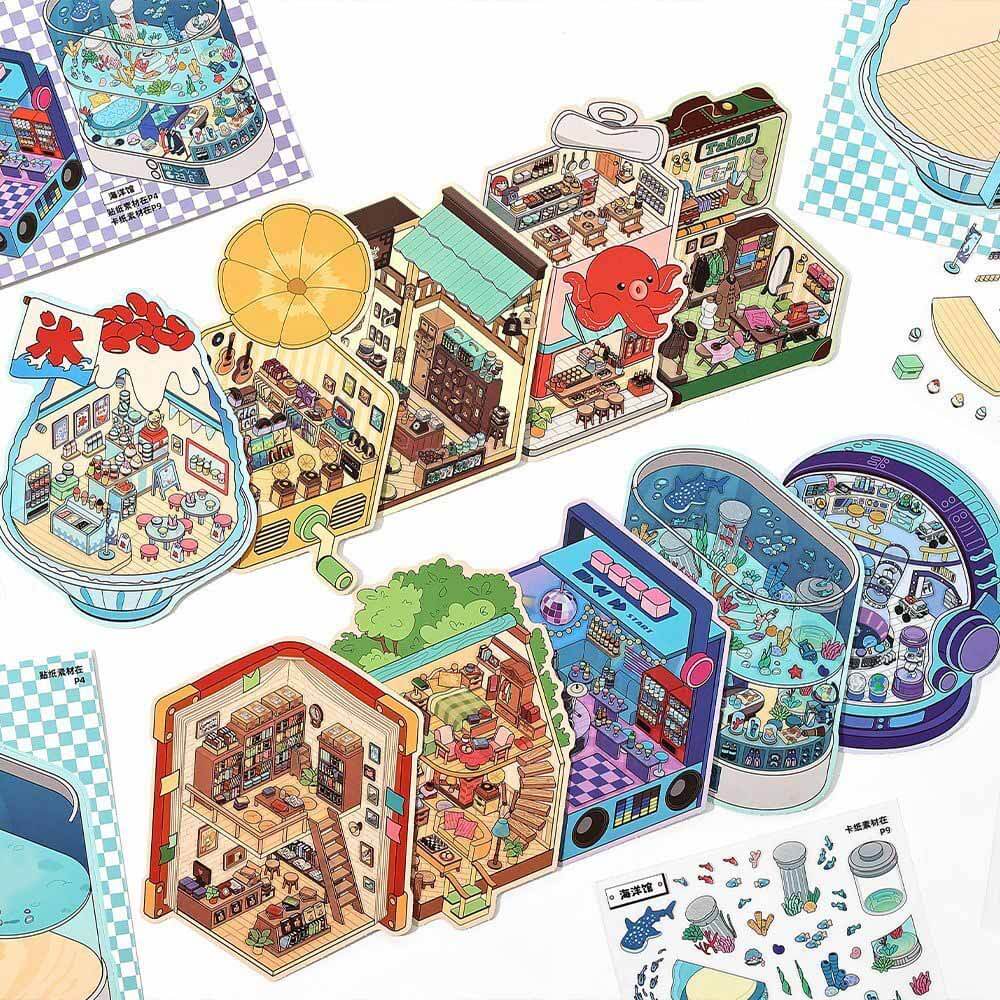 City & Life (Set of 5) DIY 3D Scene Stickers Cute Miniature Scenes Book。 (S)